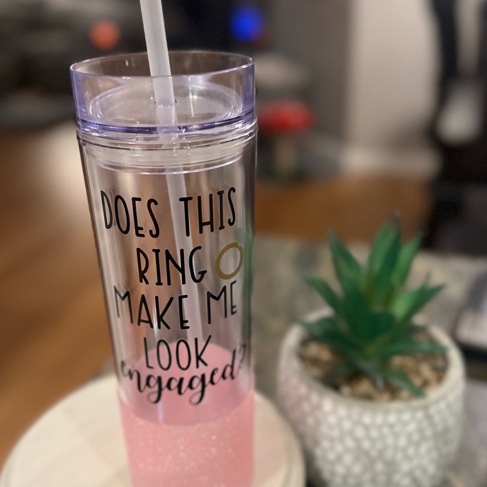 Custom Made “Engagement Pink Glitter Tumbler” with Straw